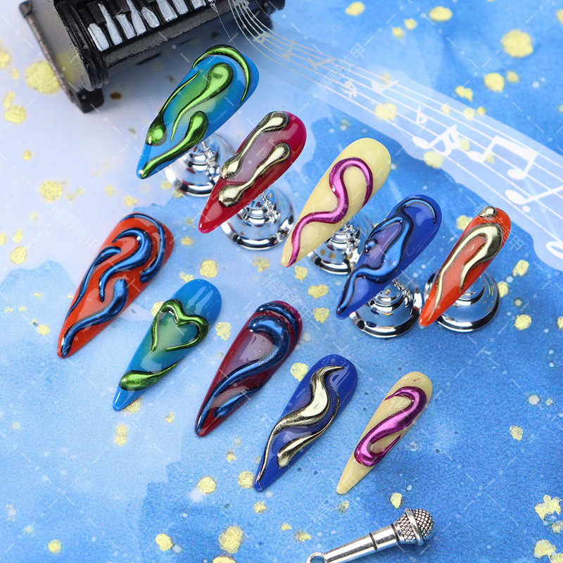 Hot Selling Sweet and Spicy Style Y2K Wearable Nails European Colorful Dopamine Magic Mirror Powder Metal Style Long Pointed Fake Nails Manicure