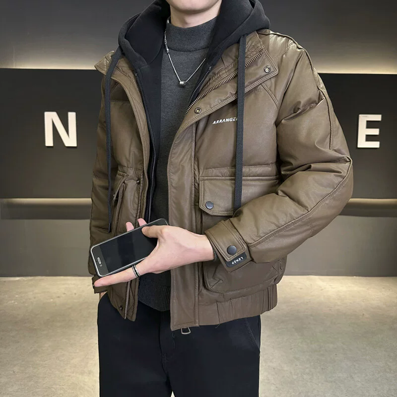 8138 P210 зимний новый стиль с капюшоном кожаный пуховик управления рулон после 298