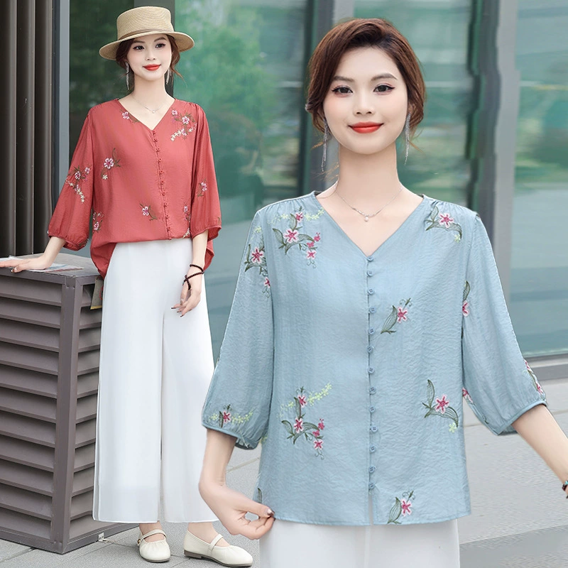2025 Новый стиль вышитый хлопчатобумажный пиджак с короткими рукавами рубашка женская пуговица