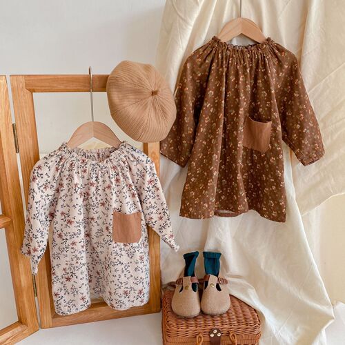 Korean Children's Spring and Autumn Floral Pocket Dress Retro Style Sweet Little Dress 2024