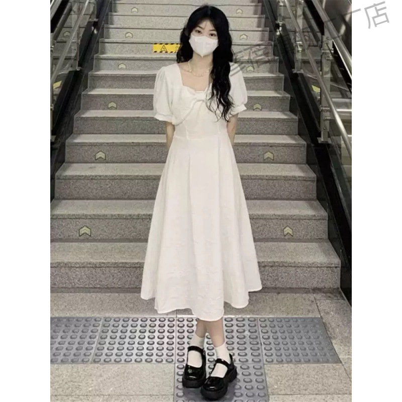 Retro summer white dress with bow for leisure