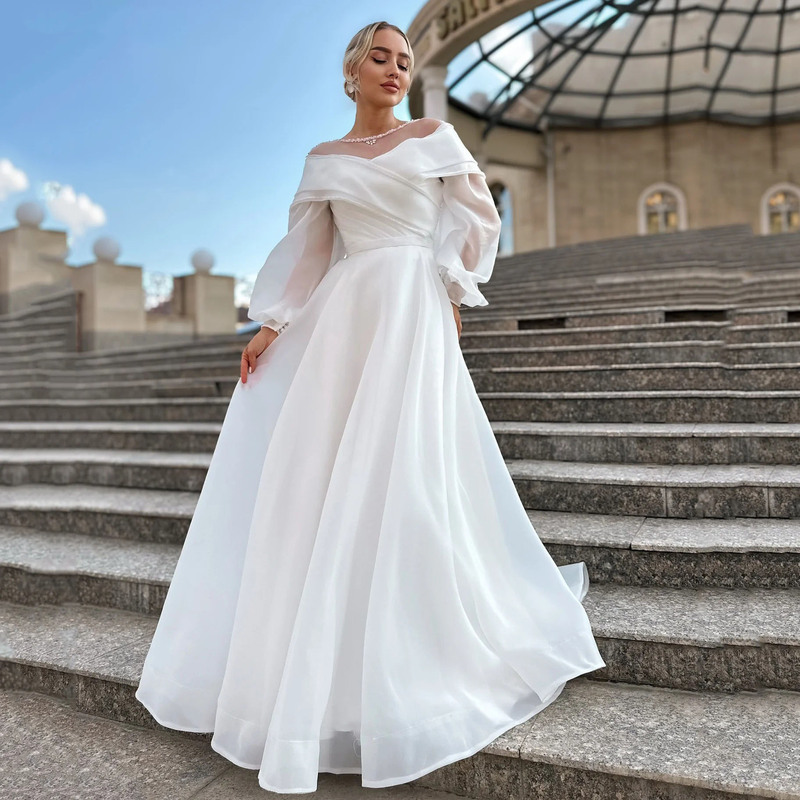 Solid Color Long Sleeve Chiffon Wedding Dress Elegant V-Neck Open Back Bohemian Gown Simple Long Formal Party Dress Solid Color Long Sleeve Chiffon Wedding Dress Elegant V-Neck Open Back Bohemian Gown Simple Long Formal Party Dress