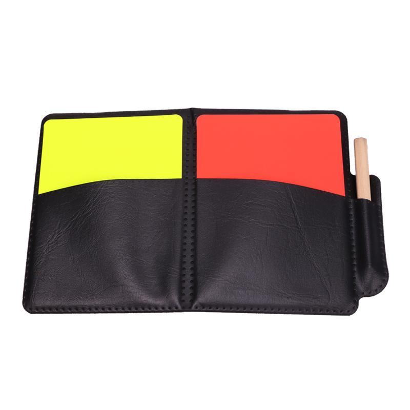 Football referee red and yellow card set with paper, pencil, and leather cover; referee's record of yellow and red card decisions.