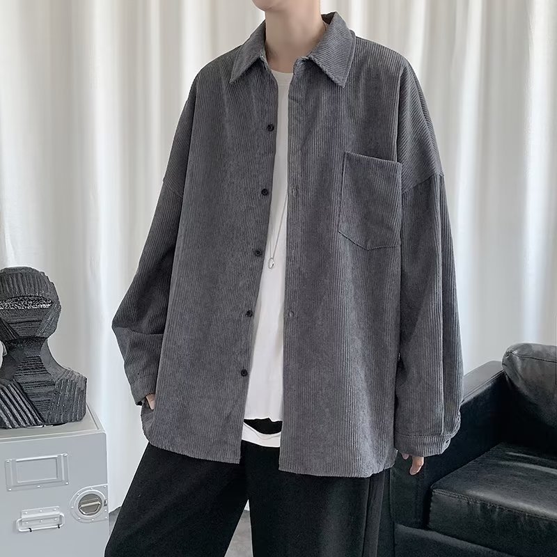 Camisa de pana para hombre 2023 nuevo estilo de Hong Kong moda suelta japonesa retro negro camisa casual chaqueta