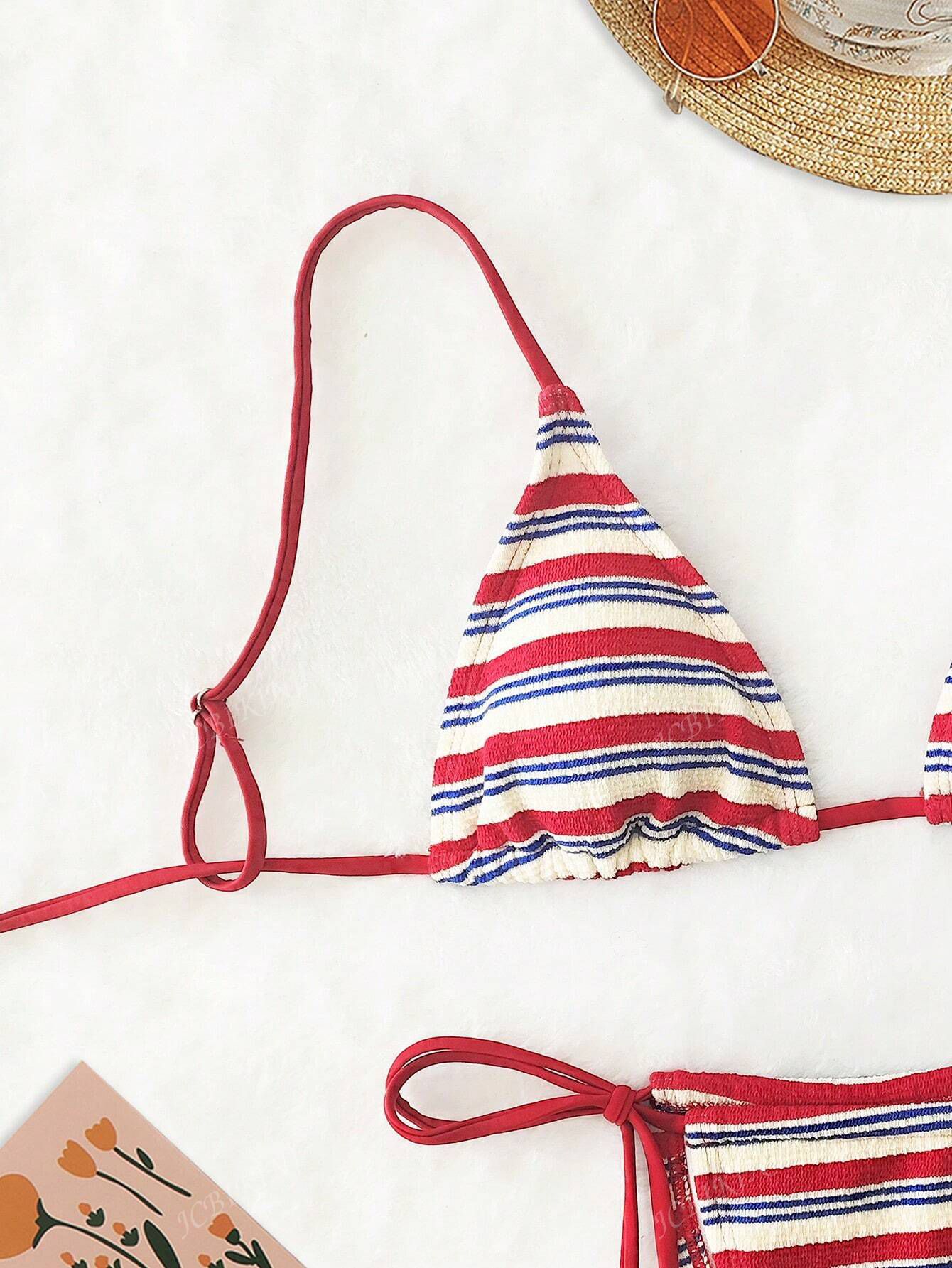 Ensemble bikini rayé taille basse deux pièces maillot de bain femme_voghion.com