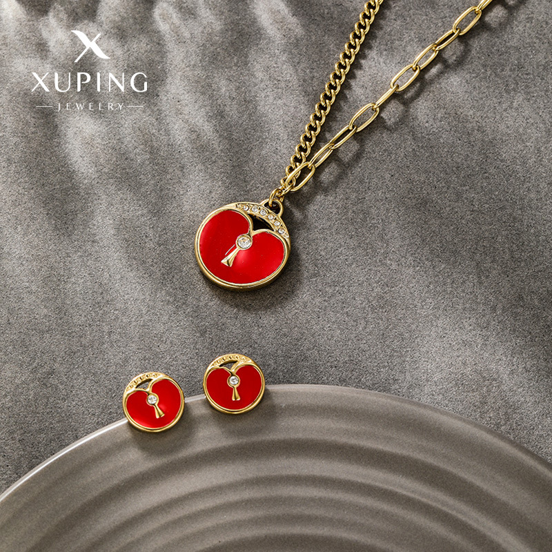 Xuping Nuevo Conjunto de Joyería de Moda de Acero Inoxidable con Diseño Exclusivo de Corazón Rojo y Candado, Collar y Pendientes de 14k.