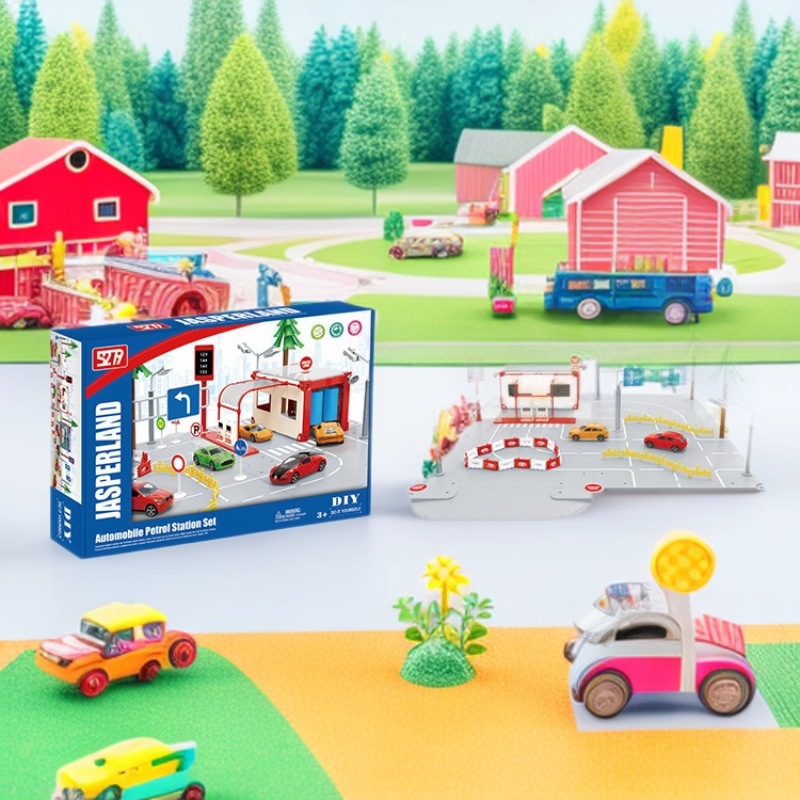 回力车儿童玩具合金车加油站汽车展停车场男女孩过家家玩具套装