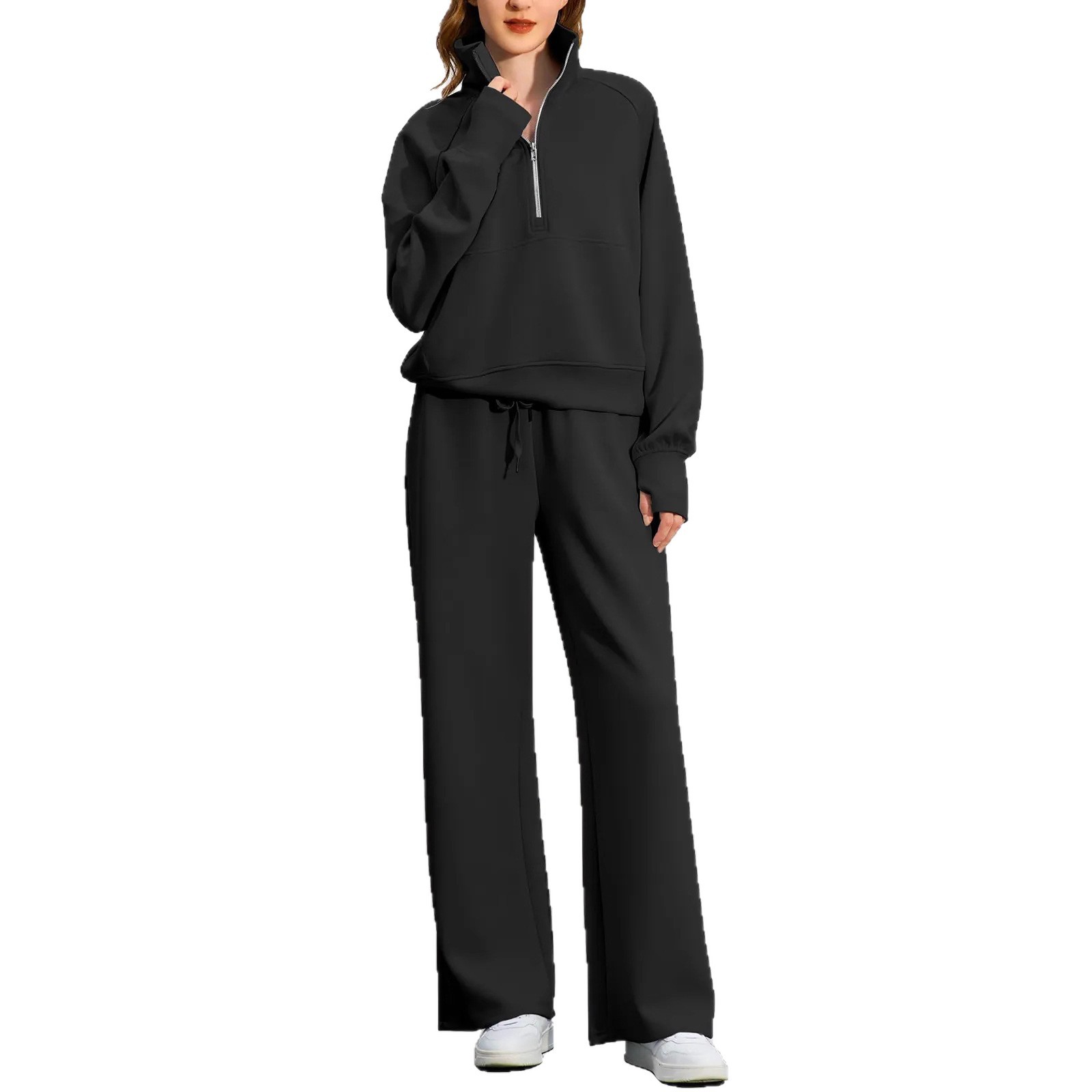 Autumn Winter Fashion Casual Sports Zipper Long Sleeve Sweatshirt Wide Leg Pants Two-Piece Set For Women_voghion.com