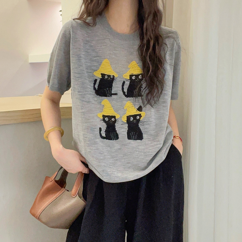 2025 新猫刺繍ラウンドネック半袖 Tシャツ女性の夏のアイスシルクスリムニットカジュアルルーズトップ|undefined