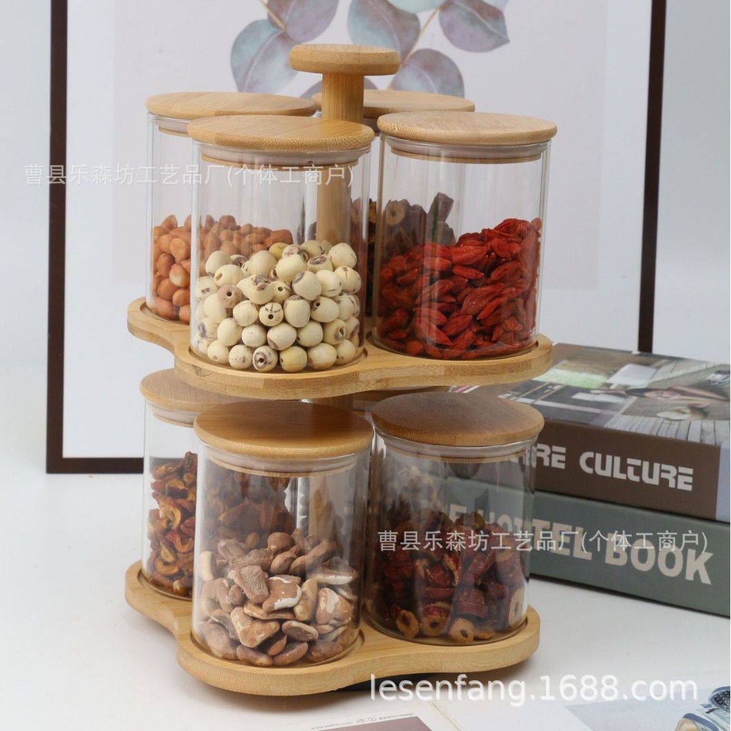 Manufacturer supplies kitchen sealed storage jars with wooden lids, tea jars with wooden lids, storage jar brackets, two-layer rotating wooden racks
