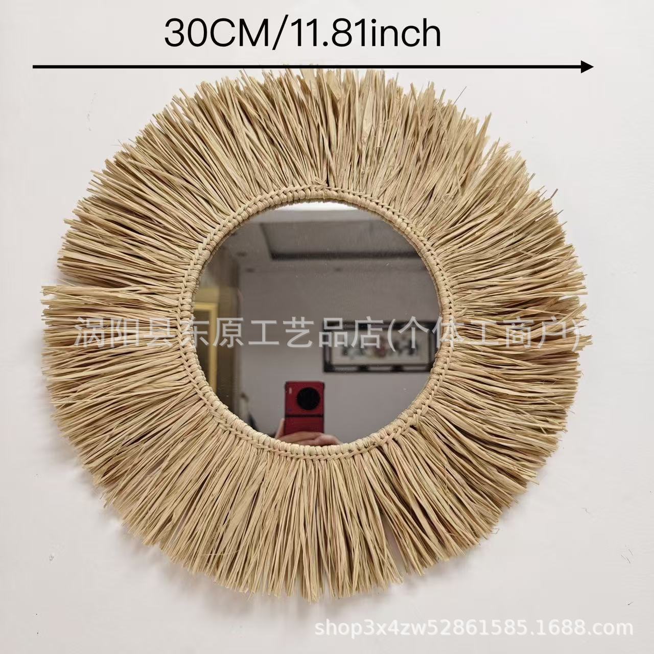 Home Decoration Mirror Lace Makeup Mirror Pendant Round B&B Wall Pastoral Style Wall-Mounted Decorative Mirror Straw Weaving