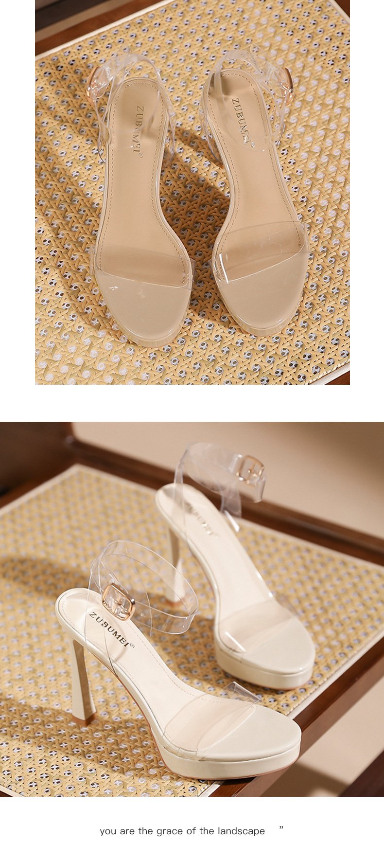 Sandal cao gót nữ quai ngang trong suốt, đế platform, mũi hở, gót nhọn 9 cm — trắng ngà chi tiết 8