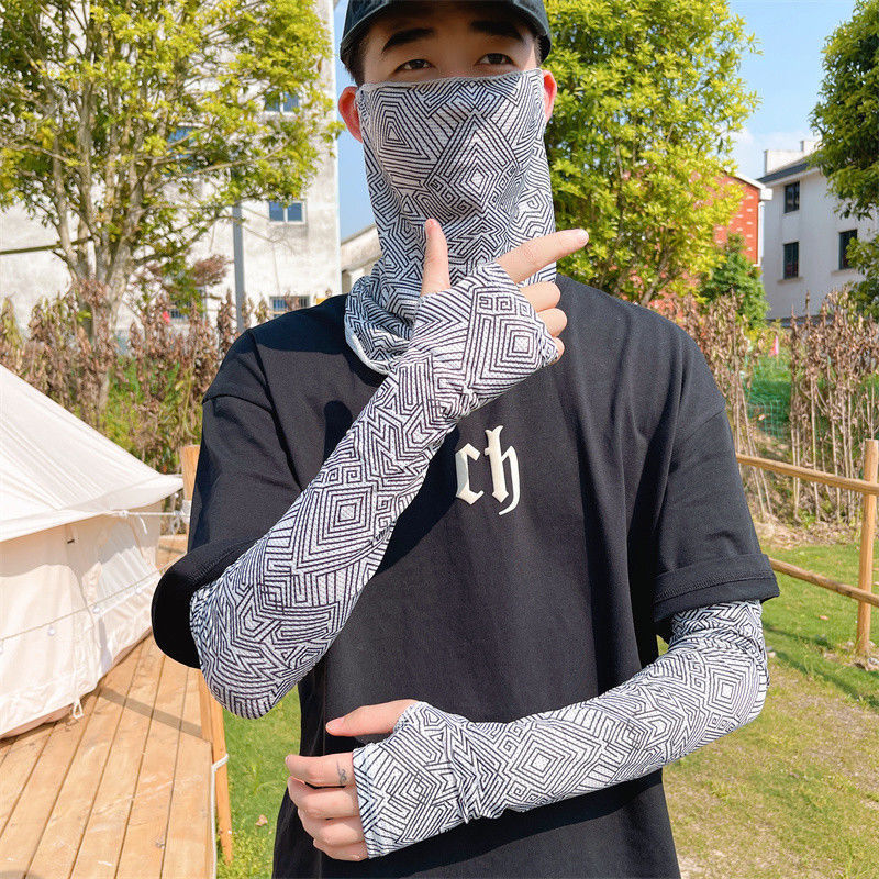 Sunscreen 2-Piece Mask Sleeve Suits Summer Ice Silk Geometric Camouflage Outdoor Cycling Sunshade Arm Gloves