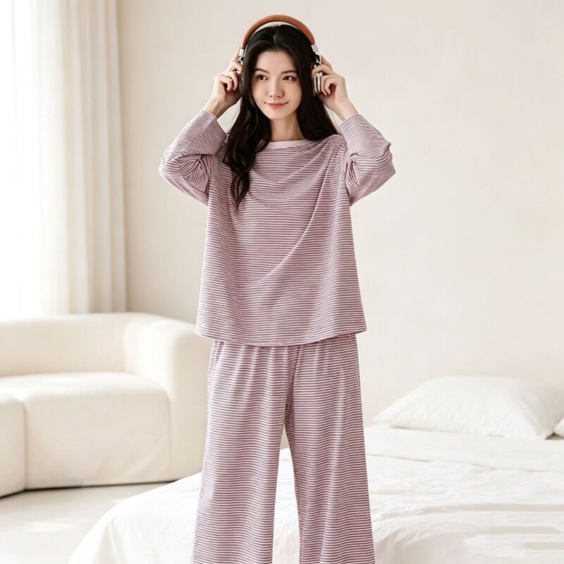In-Stock Relaxed Vibe Loungewear Set: Loose Long-Sleeve Top and Wide-Leg Pants, Suitable for Wearing Outside, Lazy Set, Home Wear, Fine Striped Pullover In-Stock Relaxed Vibe Loungewear Set: Loose Long-Sleeve Top and Wide-Leg Pants, Suitable for Wearing Outside, Lazy Set, Home Wear, Fine Striped Pullover