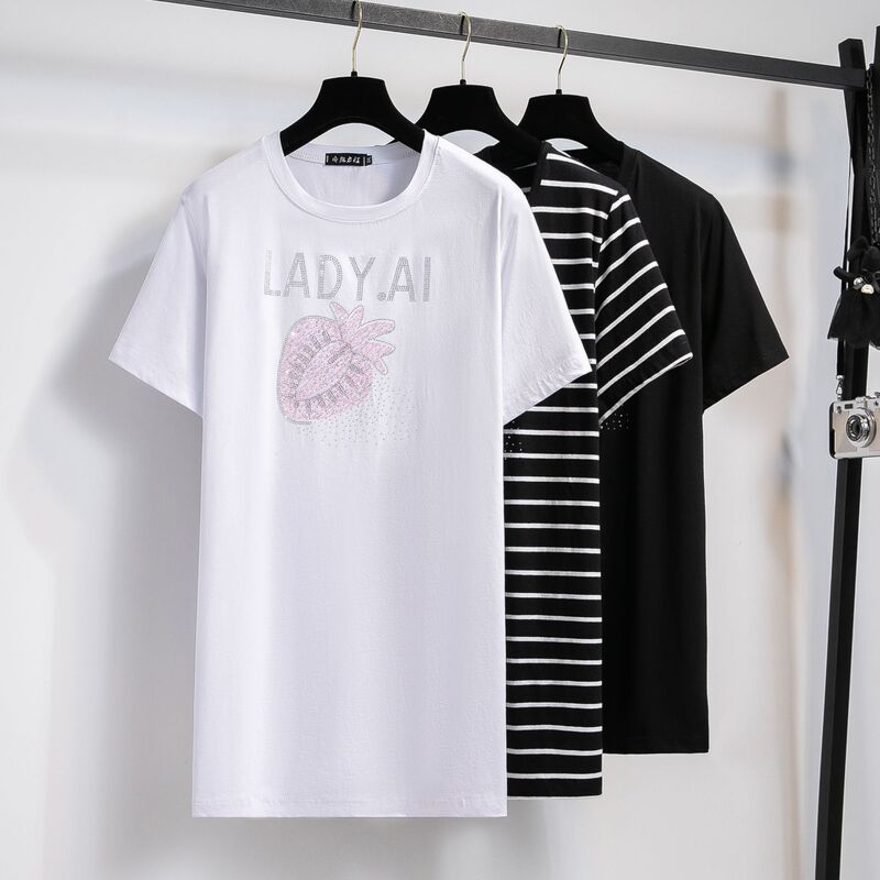 2024 New Mid-length T-shirt Cute Diamond-encrusted Strawberry Pattern Fat Girl Pregnant Women's Shirt Loose Large Size Women's Clothing
