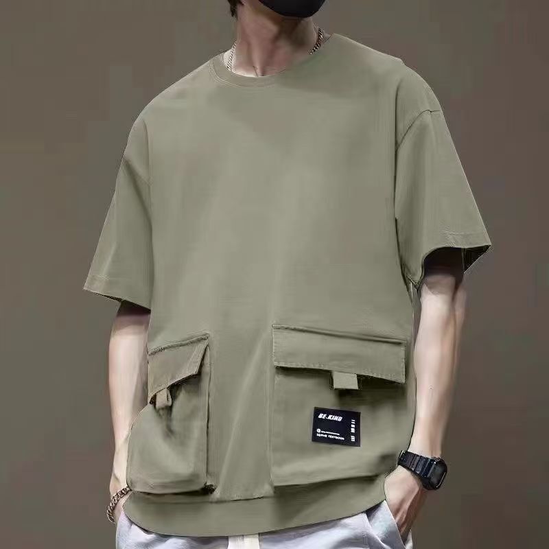 Army Green Ice Silk Patchwork Functional Workwear Short-Sleeve Shirt for Men, Loose Fit, Trendy Brand, Multi-Pocket Half-Sleeve Men's Fashion Army Green Ice Silk Patchwork Functional Workwear Short-Sleeve Shirt for Men, Loose Fit, Trendy Brand, Multi-Pocket Half-Sleeve Men's Fashion