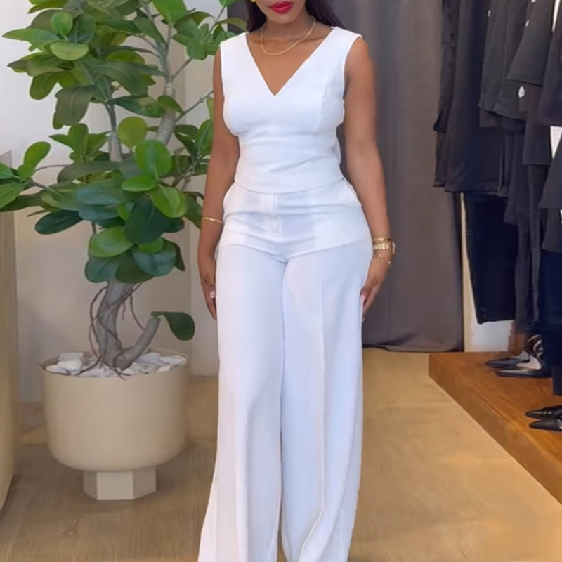 Women Clothing Spring Solid Color Backless Bow Top Wide Leg Trousers Casual Suit
