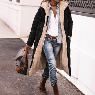 2025 Amazon European and American Autumn and Winter Hooded Solid Color Cotton Long-Sleeve Reversible Slim-Fit Stylish Cardigan Jacket Top