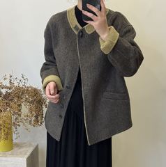双面羊绒大衣女秋冬新款小个子短款拼色圆领简约韩系宽松羊毛外套