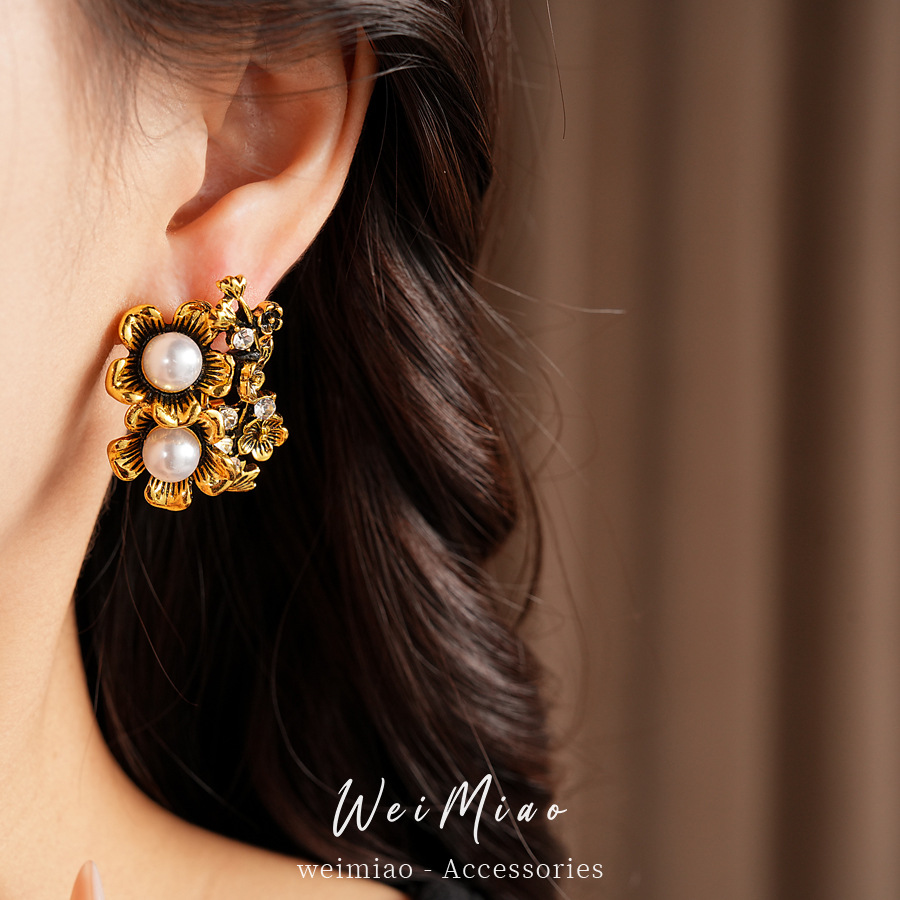 Medieval vintage aguja de plata con flores de diamantes perlas pendientes de perlas temperamento retro pendientes ligeros de lujo de alta calidad pendientes para mujeres image 5