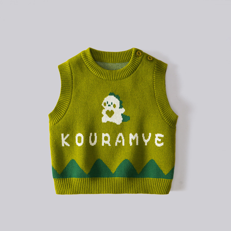 Spring and Autumn Boys' Sleeveless Sweater Cartoon Dinosaur Jacquard Vest Warm Round Neck Sweater Children's Class A Vest