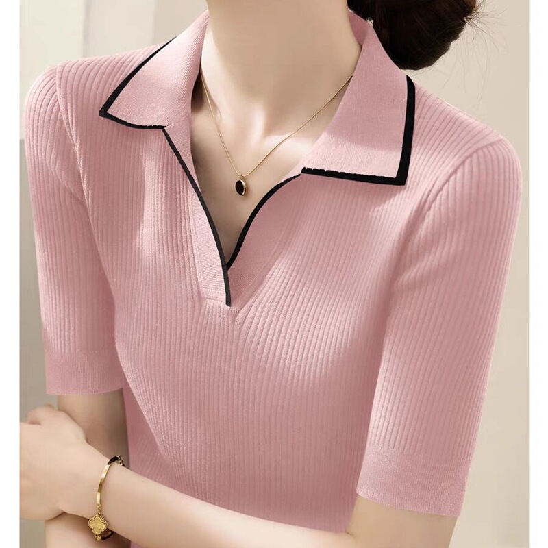 New Polo Collar Quarter-Sleeve Knitwear Women's Loose Right Shoulder Color Matching Bottoming Top