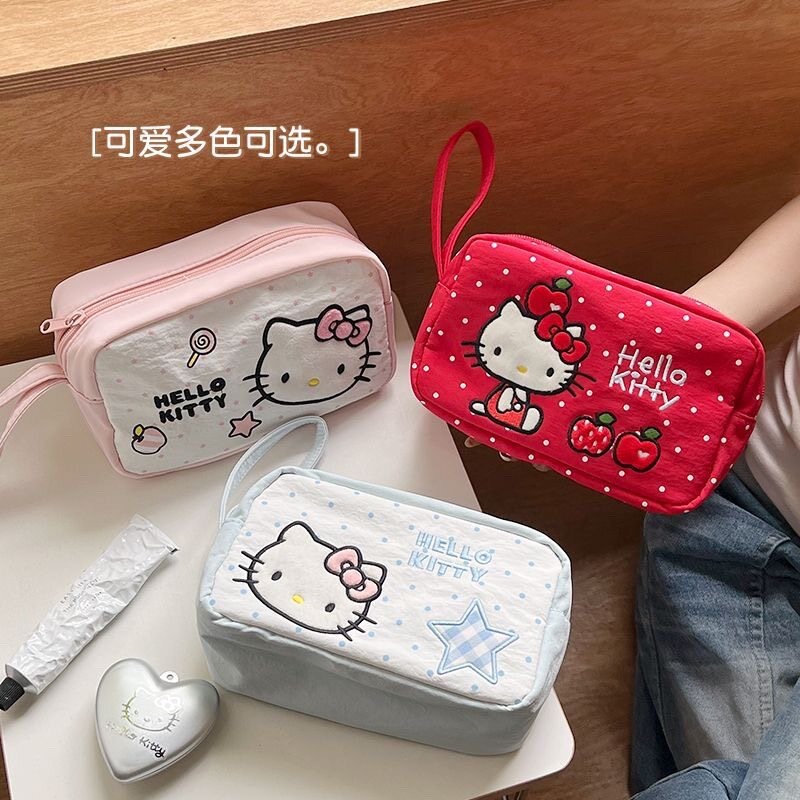Japanese-Style Cartoon Hello Kitty Canvas Clutch Bag for Girls, Portable Large-Capacity Travel Cosmetics Storage Bag