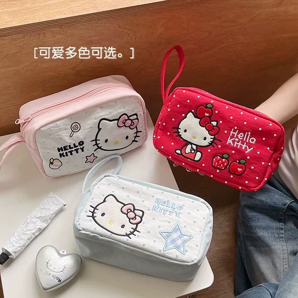 Japanese-Style Cartoon Hello Kitty Canvas Clutch Bag for Girls, Portable Large-Capacity Travel Cosmetics Storage Bag