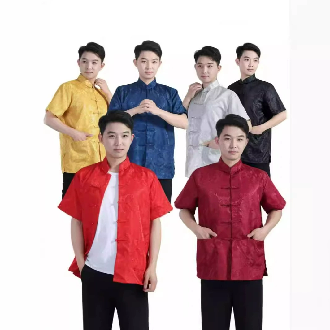 Оптовая дропшиппинг сатиновая вышитая модная китайская одежда ханьфу, шелковая мужская рубашка с коротким рукавом, традиционный древний костюм Тан