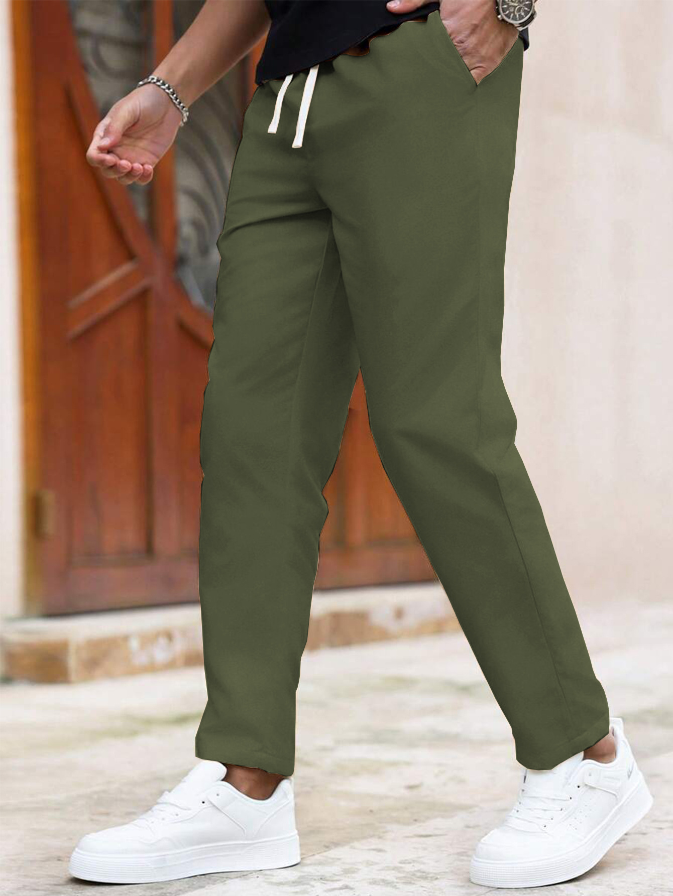 ​​"Men's Slim Fit Casual Pants - Solid Color Drawstring Waist, Lightweight Polyester For Everyday Comfort & Street Style"​​_viptrois.com