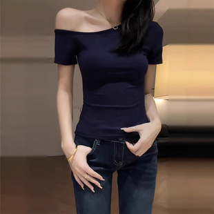 Yeyuan Shoulder Short-sleeved T-shirt Women's Shoulder Slim-fit All-match Top for Summer Slimming Design Sense Design Sense Base Shirt