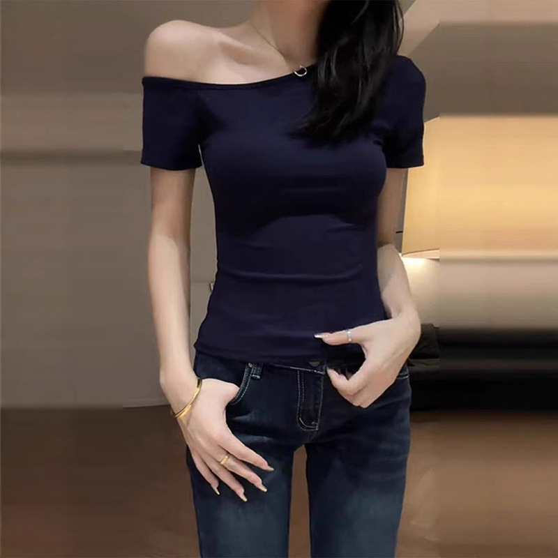 Yeyuan Shoulder Short-sleeved T-shirt Women's Shoulder Slim-fit All-match Top for Summer Slimming Design Sense Design Sense Base Shirt Yeyuan Shoulder Short-sleeved T-shirt Women's Shoulder Slim-fit All-match Top for Summer Slimming Design Sense Design Sense Base Shirt