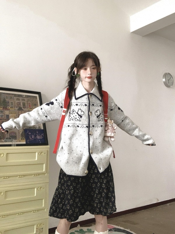 韩系复古小狗提花软糯毛衣外套女秋冬宽松慵懒费尔岛针织开衫上衣|undefined