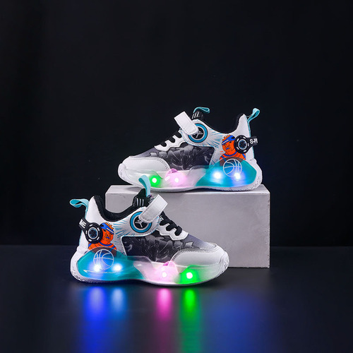 Children's LED Light-Up Sneakers for Spring and Autumn, Net Fabric Breathable Basketball Sports Casual Shoes for Young Children
