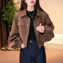 短款翻领麂皮绒外套女2025秋装新款小个子时尚百搭休闲夹克上衣潮