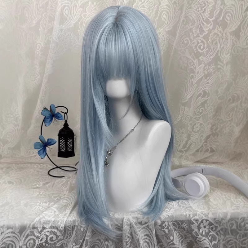 Perruque longue et lisse « Ice Sea Wave Blue » pour femme – Perruque complète tendance à couches superposées pour déguisement