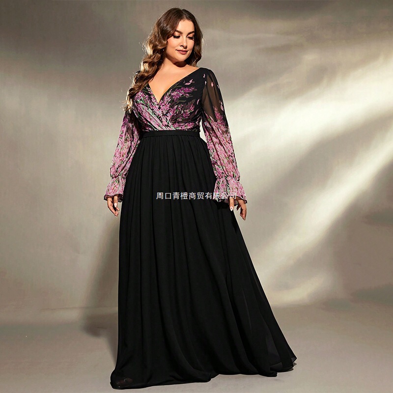 Source Factory New Style V-Neck Plus-Size Dress Long-Sleeve Ball Gown Birthday Party Evening Dress Patchwork
