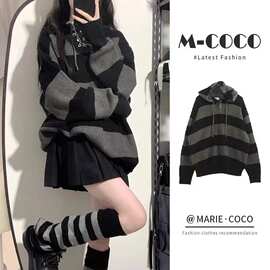 慵懒风条纹毛衣女秋冬宽松慵懒日系复古学院风套头针织衫图片色