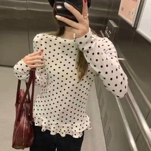 甜美风白色波点长袖T恤女春季气质减龄荷叶边打底衫显瘦内搭上衣