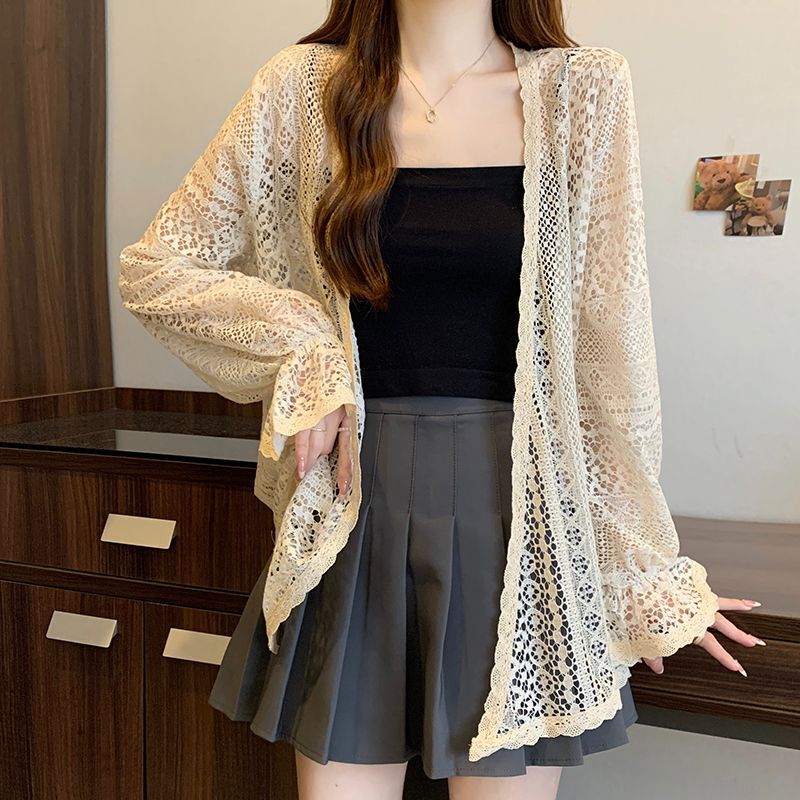 2025 New Summer Style Mid-Length Lace Hollow Design Trumpet Sleeve Long-Sleeved Cardigan Shirt