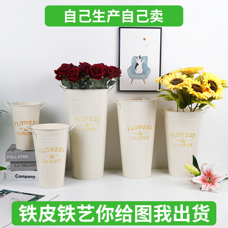 Metal Flower Arrangement Bucket, Flower Shop Dried Flower Rehydration Bucket, Rustic Vintage Office Home Decorative Bucket, Manufacturer Wholesale Green Plants