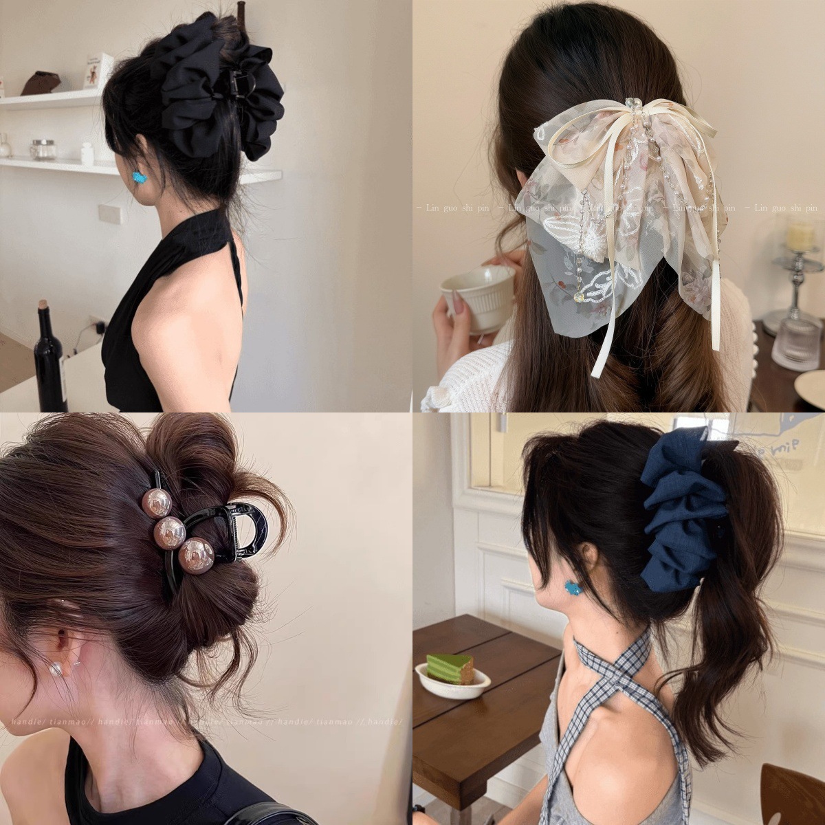 French-Style Polka Dot Hair Accessory Hairpin with Bowknot Pearl Pendant and Shark Clip for Women