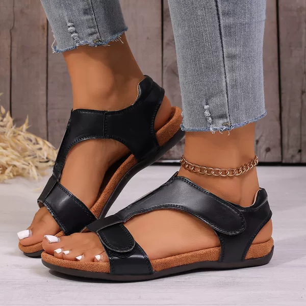 2026 European and American Large Size Velcro Flat Sandals for Women Amazon Fashion Beach Cross-Border In-Stock Synthetic Leather Large Size