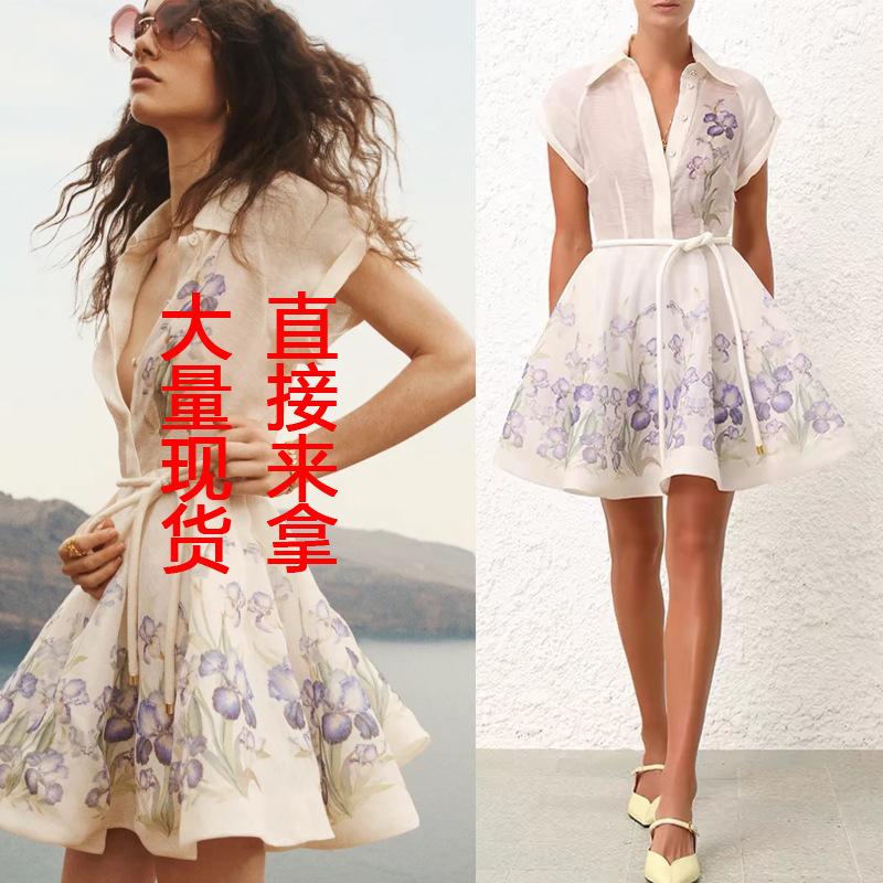 大量现货法式精致设计感短袖定位印花系带连衣裙短裙走秀款女装