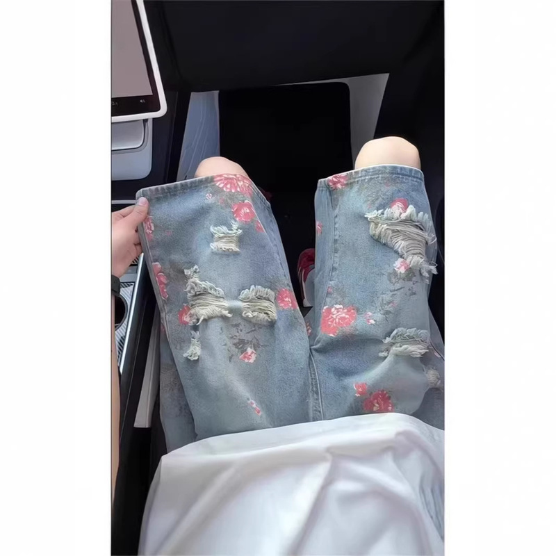 American Retro Rose Floral Ripped Denim Shorts for Men, Summer New Trendy Brand, Cool Loose Straight Five-Point Pants