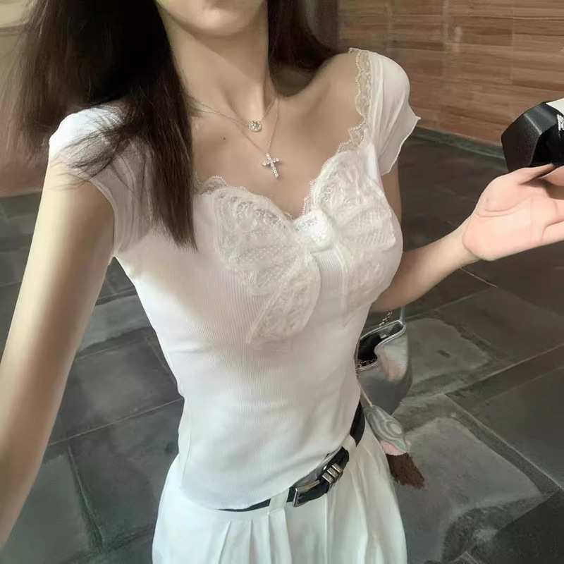 Bow Top Slim-fit Lace Off-shoulder 2024 New Mesh White Short-sleeved Women's T-shirt Top Women