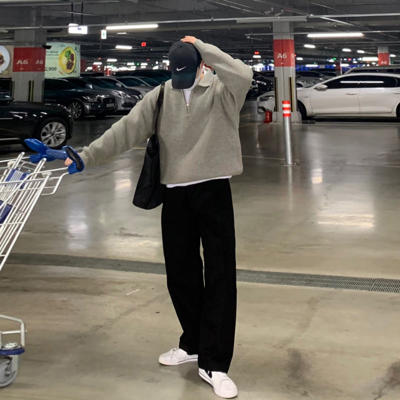 Men's sweater with a high-end feel, niche style, turn-down collar, half-zip pullover knitwear, Korean style, loose and casual for spring and autumn