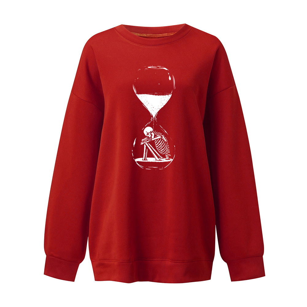 Halloween Sanduhr Skelett Fleece Rundhals Pullover Tropfen Schulter Langarm Herbst/Winter Warm Top Unisex_voghion.com