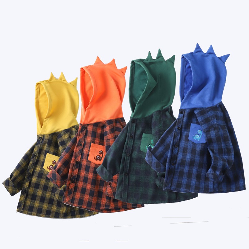 New Boys' Dinosaur Shirt Boy Baby Classic Plaid Hat Spring and Autumn Handsome Shirt Small and Medium Children's Wear Wholesale