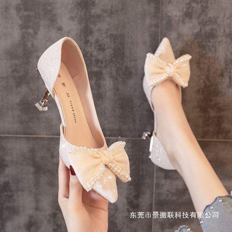 2025 Spring New Versatile High Heels for Women Korean Style French Sweet Princess Bowknot Thin Heel Pumps